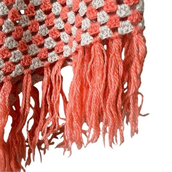 Handknit Crochet Fringe Trim Open Knit Triangle Boho Open Front Poncho Shawl - Picture 3 of 6